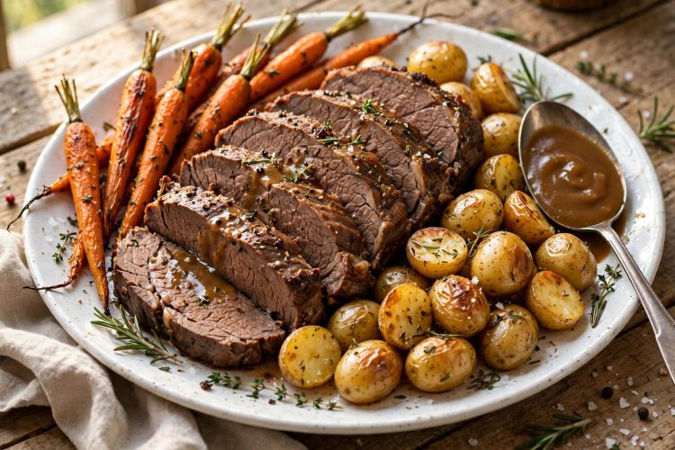 Sliced tender beef pot roast with carrots and potatoes on a white serving platter