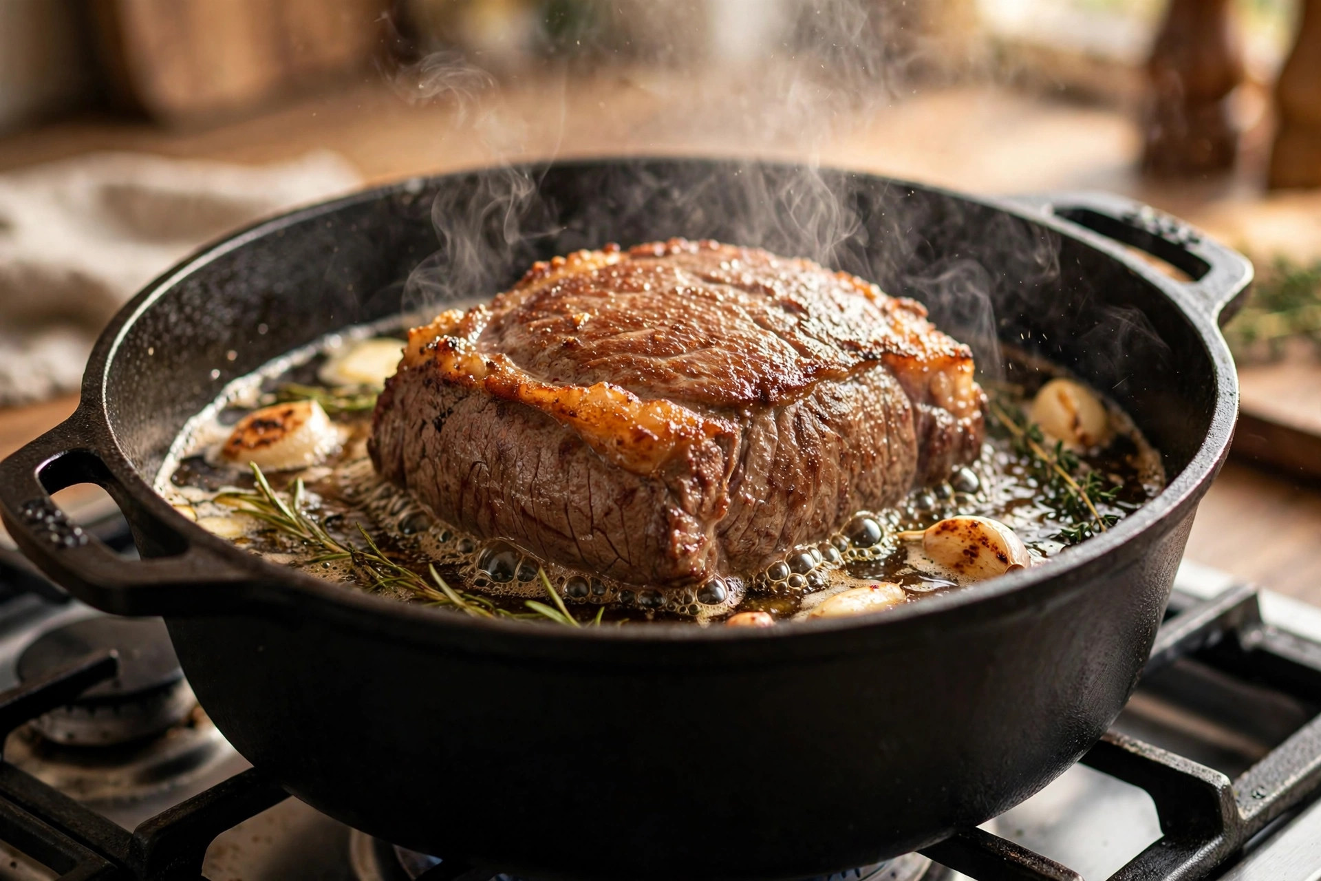 Beef chuck roast searing in a Dutch oven with a golden brown crust