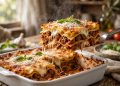 Slice of classic homemade beef lasagna with melted mozzarella and fresh basil in a white baking dish