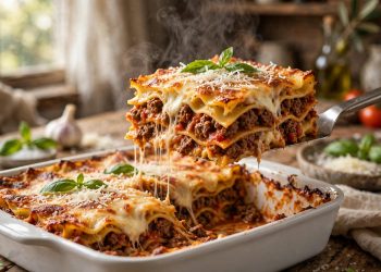 Slice of classic homemade beef lasagna with melted mozzarella and fresh basil in a white baking dish