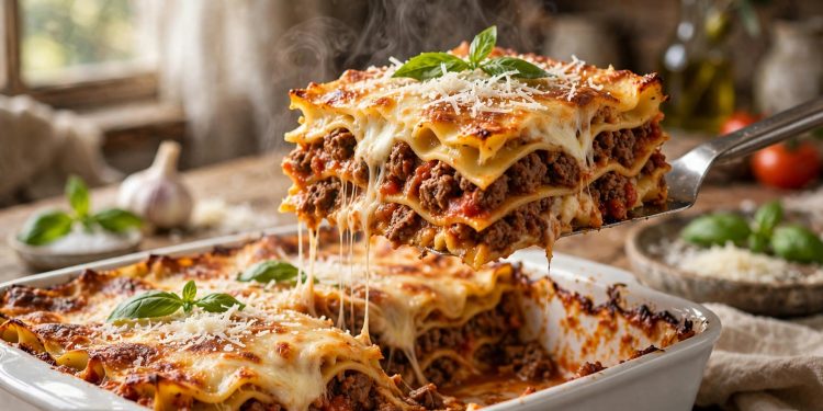 Slice of classic homemade beef lasagna with melted mozzarella and fresh basil in a white baking dish