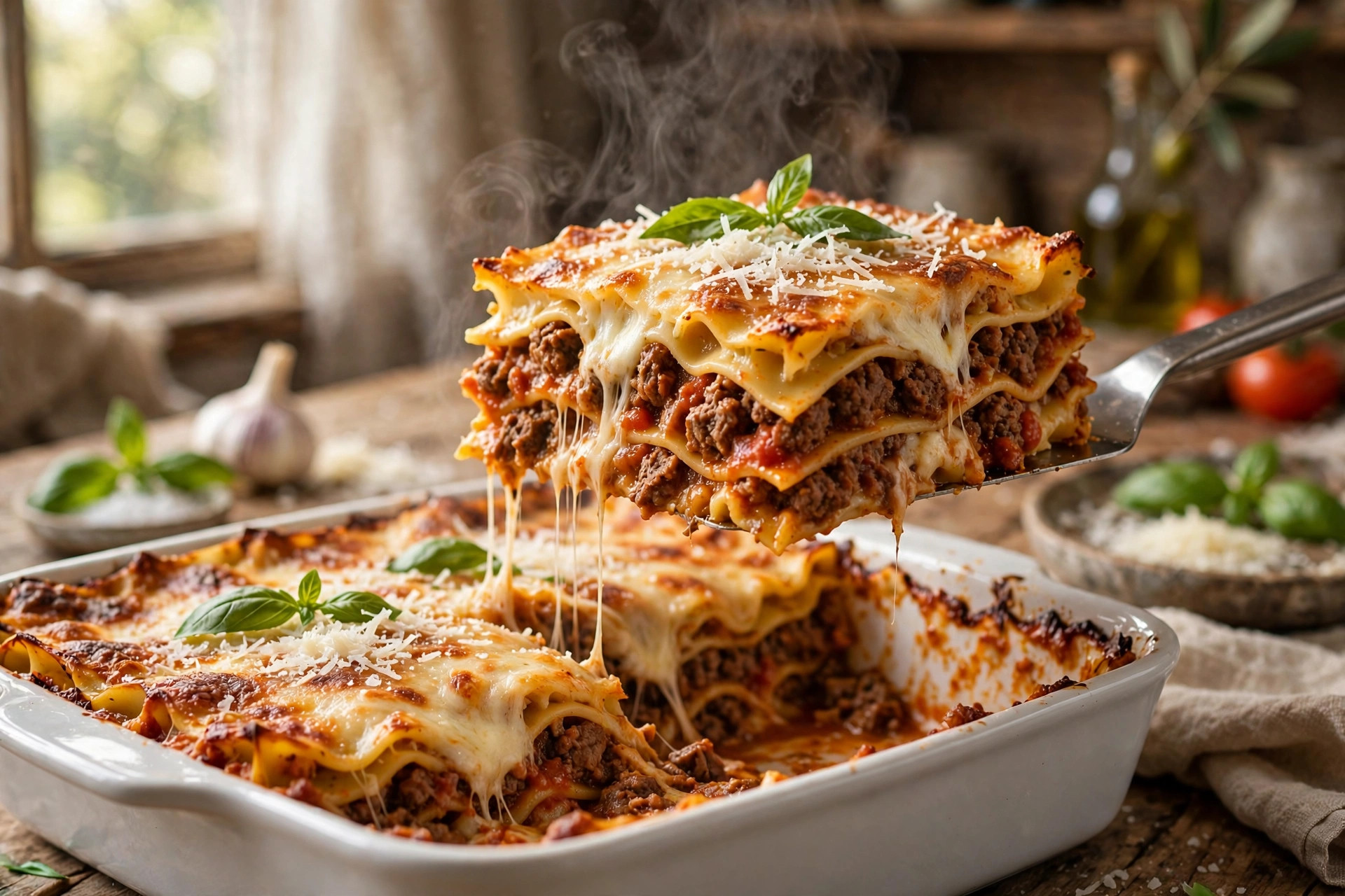 Slice of classic homemade beef lasagna with melted mozzarella and fresh basil in a white baking dish