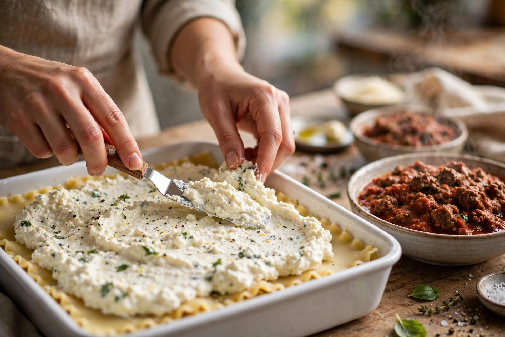 spreading ricotta over lasagna noodles in baking dish