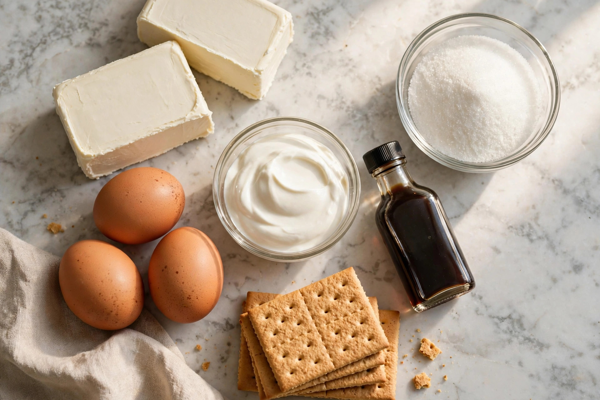Cream cheese, sugar, eggs, sour cream and graham crackers laid out for cheesecake