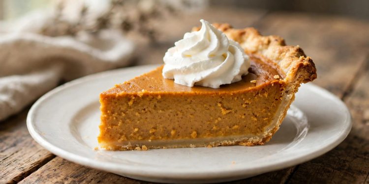 A slice of classic pumpkin pie topped with whipped cream on a white ceramic plate
