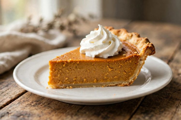 A slice of classic pumpkin pie topped with whipped cream on a white ceramic plate