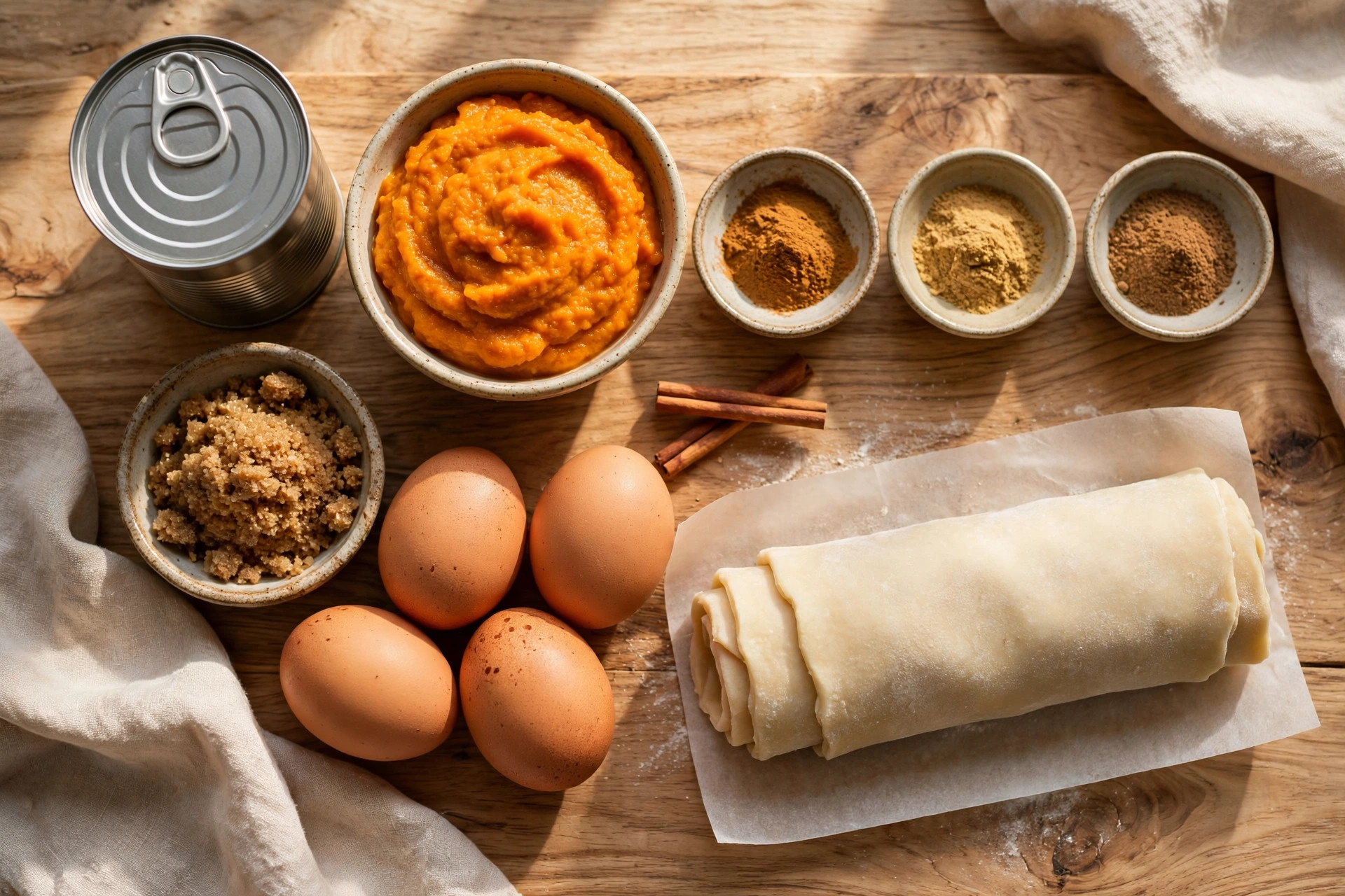 Pumpkin puree, evaporated milk, eggs, sugar and spices laid out for pumpkin pie
