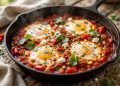 Classic shakshuka with poached eggs in spiced tomato sauce in a cast iron skillet
