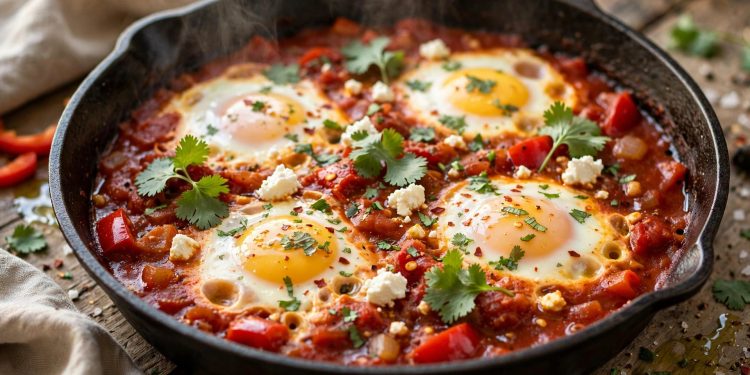 Classic shakshuka with poached eggs in spiced tomato sauce in a cast iron skillet