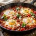 Classic shakshuka with poached eggs in spiced tomato sauce in a cast iron skillet