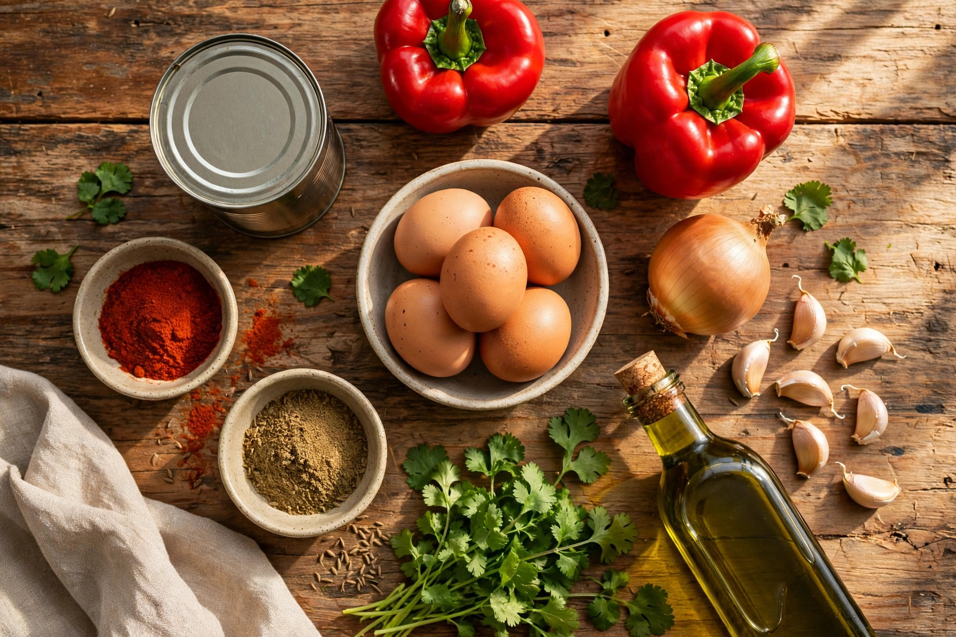Raw ingredients for classic shakshuka arranged on a rustic wooden surface