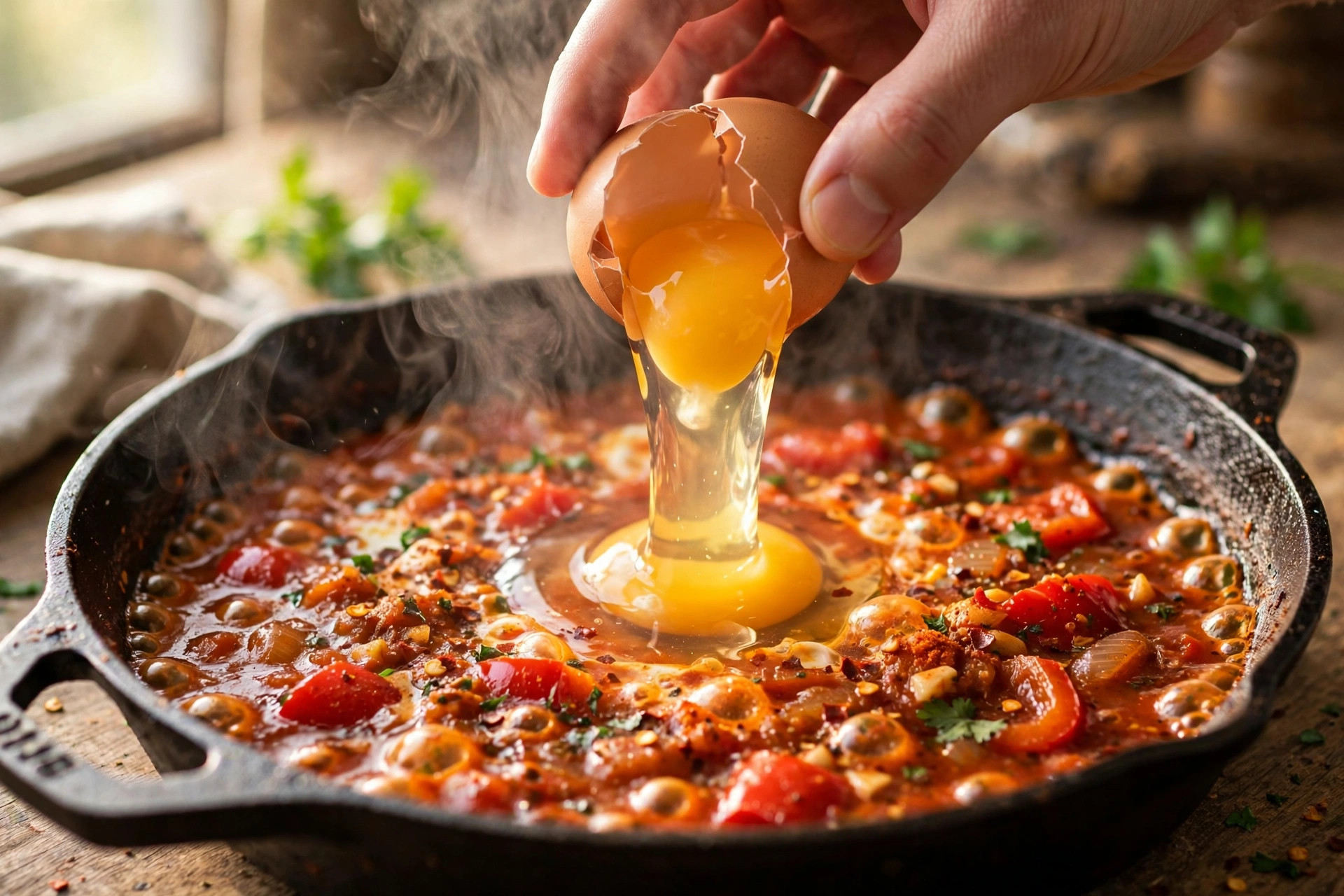 Eggs being added to a simmering tomato sauce in a skillet