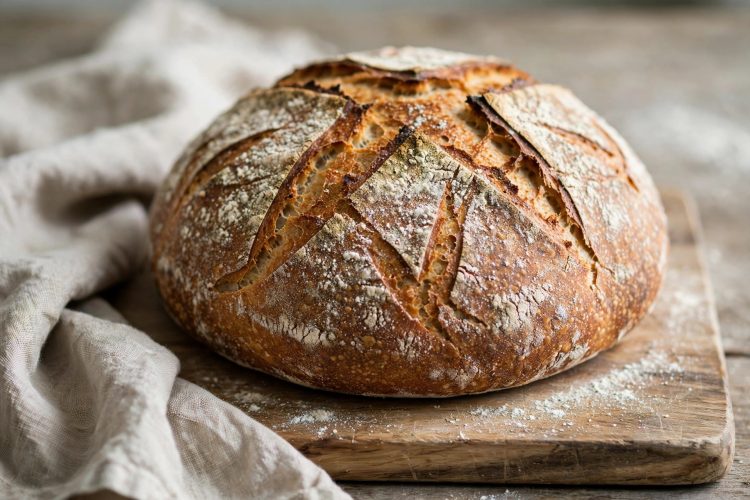 Rustic round sourdough loaf with a deeply scored golden crust cooling on a wooden board