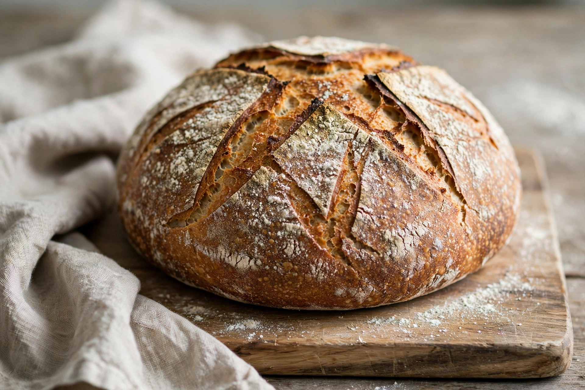 Classic sourdough bread loaf with a deeply scored crust, cooling on a wooden board