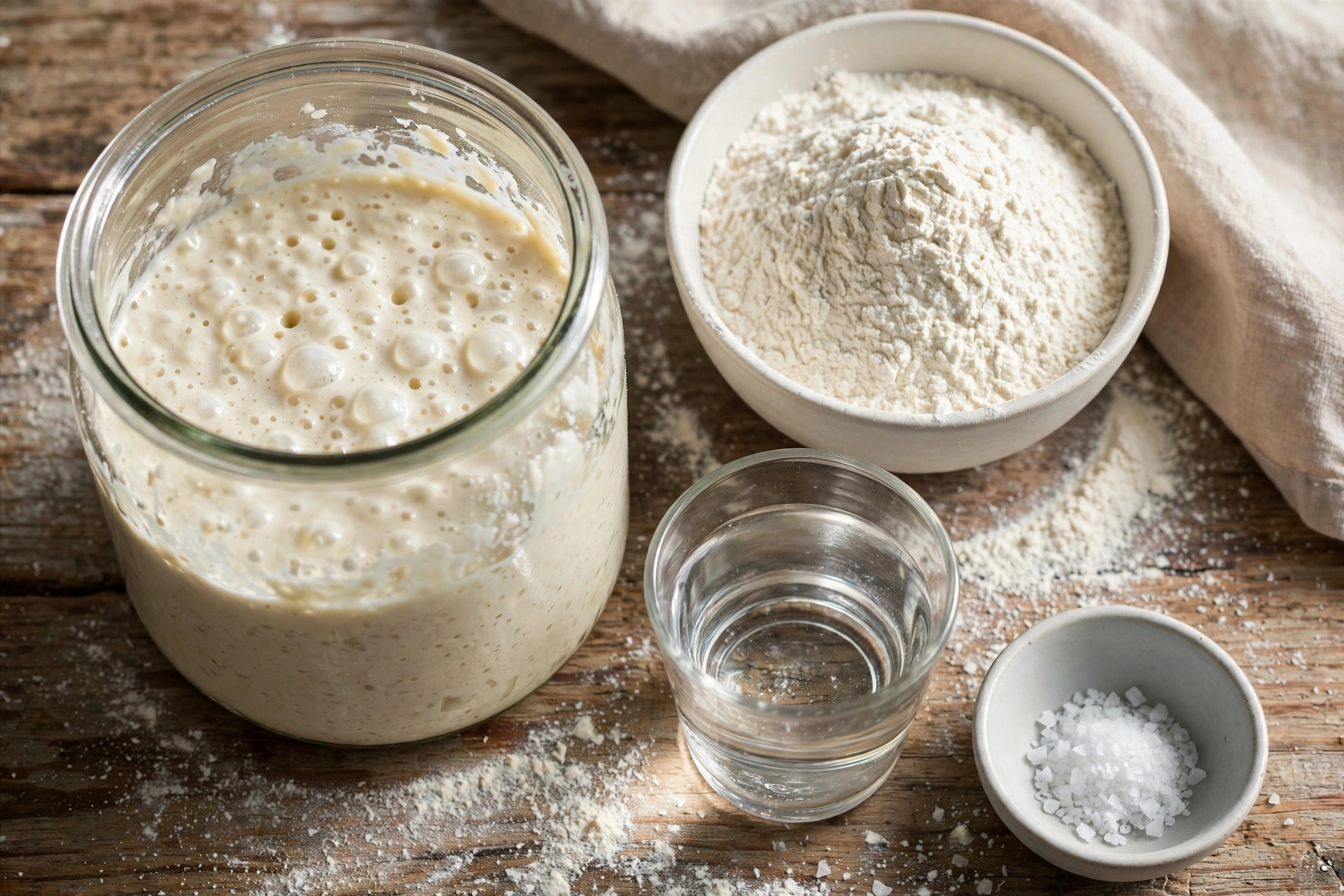 Jar of bubbly sourdough starter, bowl of bread flour, water, and sea salt arranged on a table
