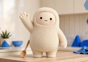 Muse mascot in a studio hero shot with a wooden spoon