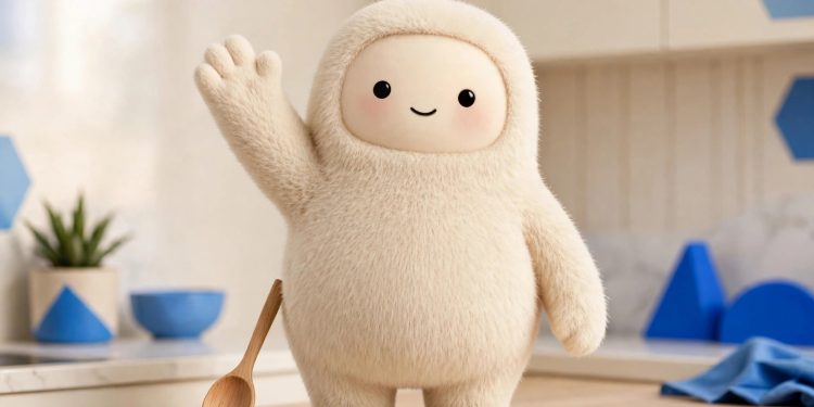 Muse mascot in a studio hero shot with a wooden spoon