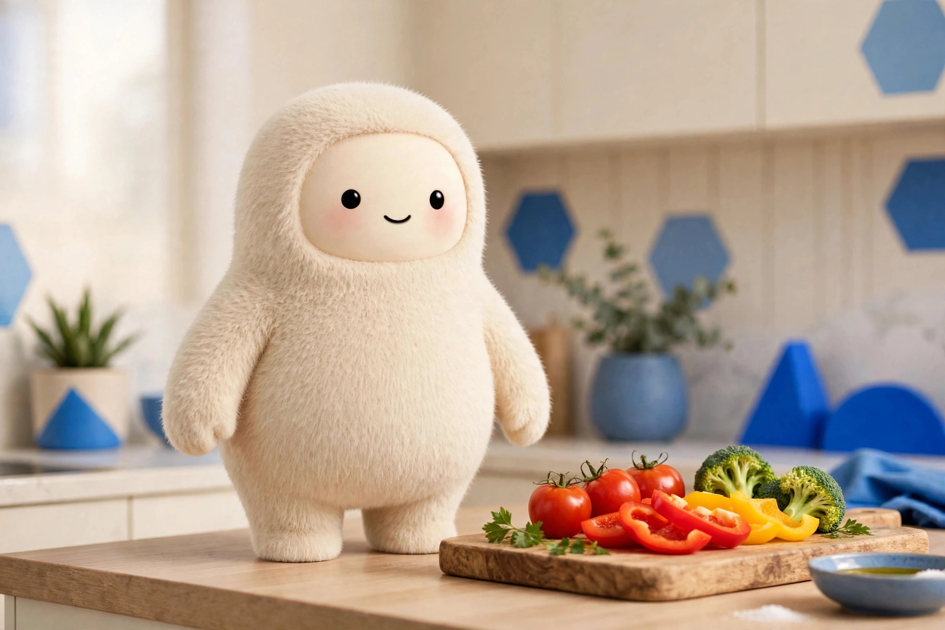 Muse mascot on a kitchen counter next to a cutting board with vegetables