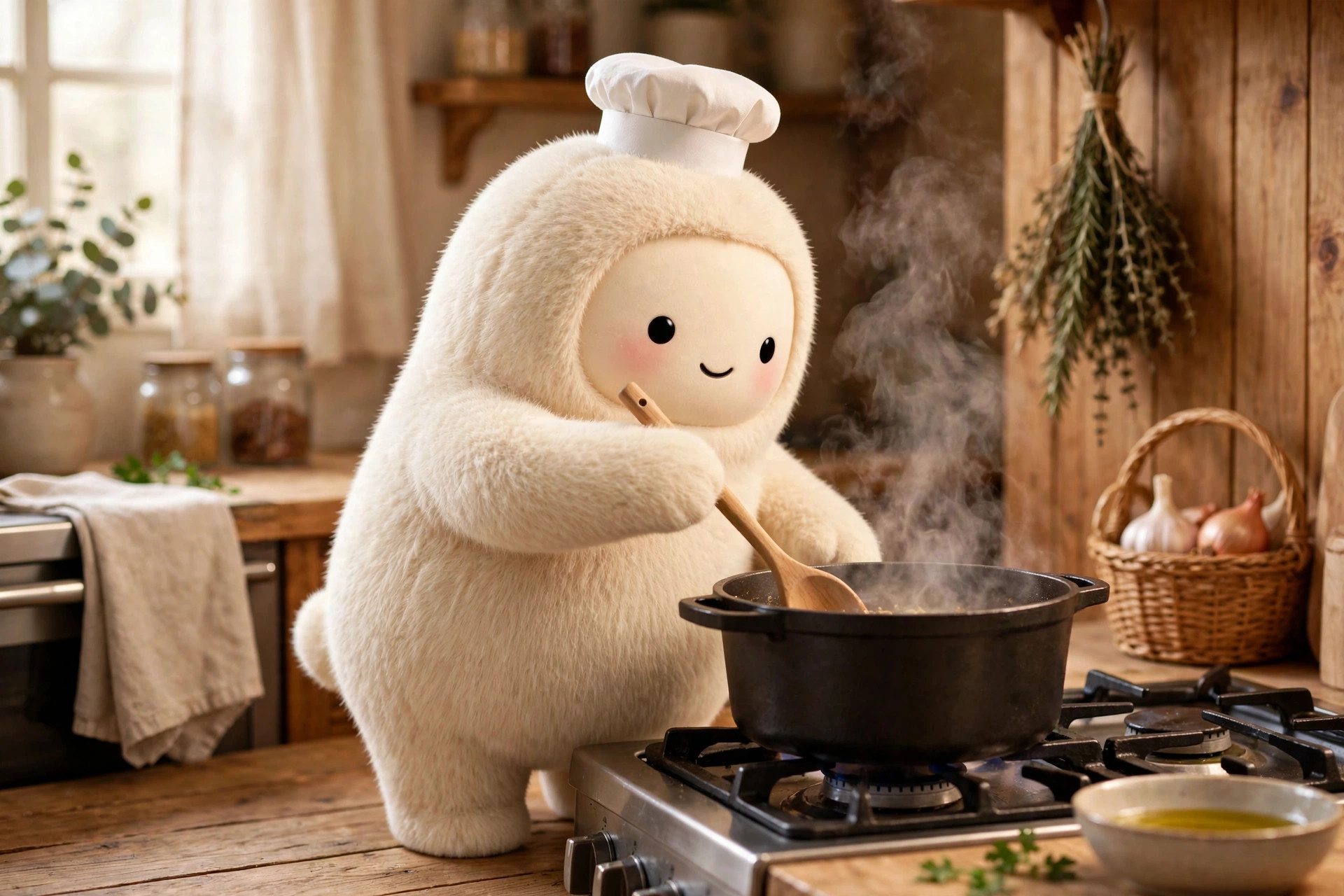 Muse mascot wearing a tiny chef hat and stirring a pot