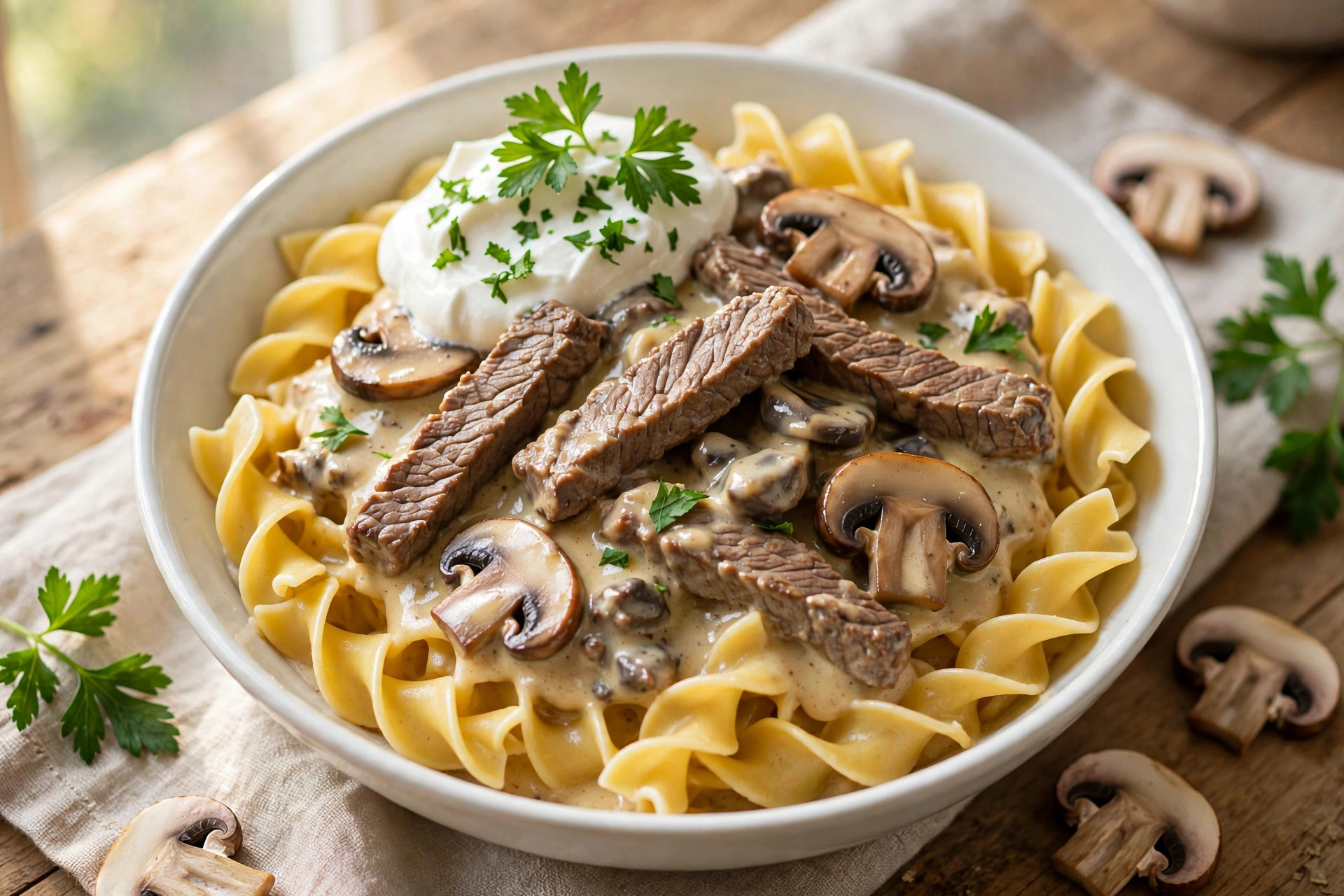 Creamy beef stroganoff with mushrooms over egg noodles in a white bowl