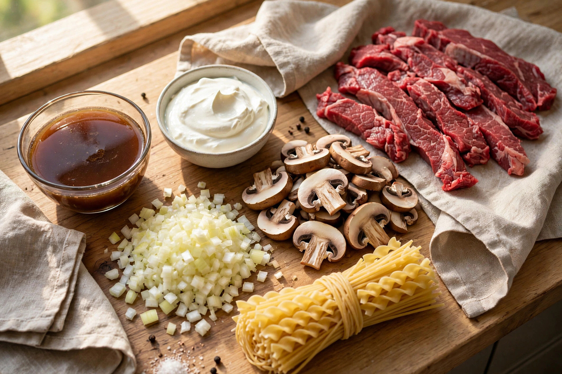 Ingredients for beef stroganoff: sliced sirloin, mushrooms, onion, sour cream, egg noodles and beef broth
