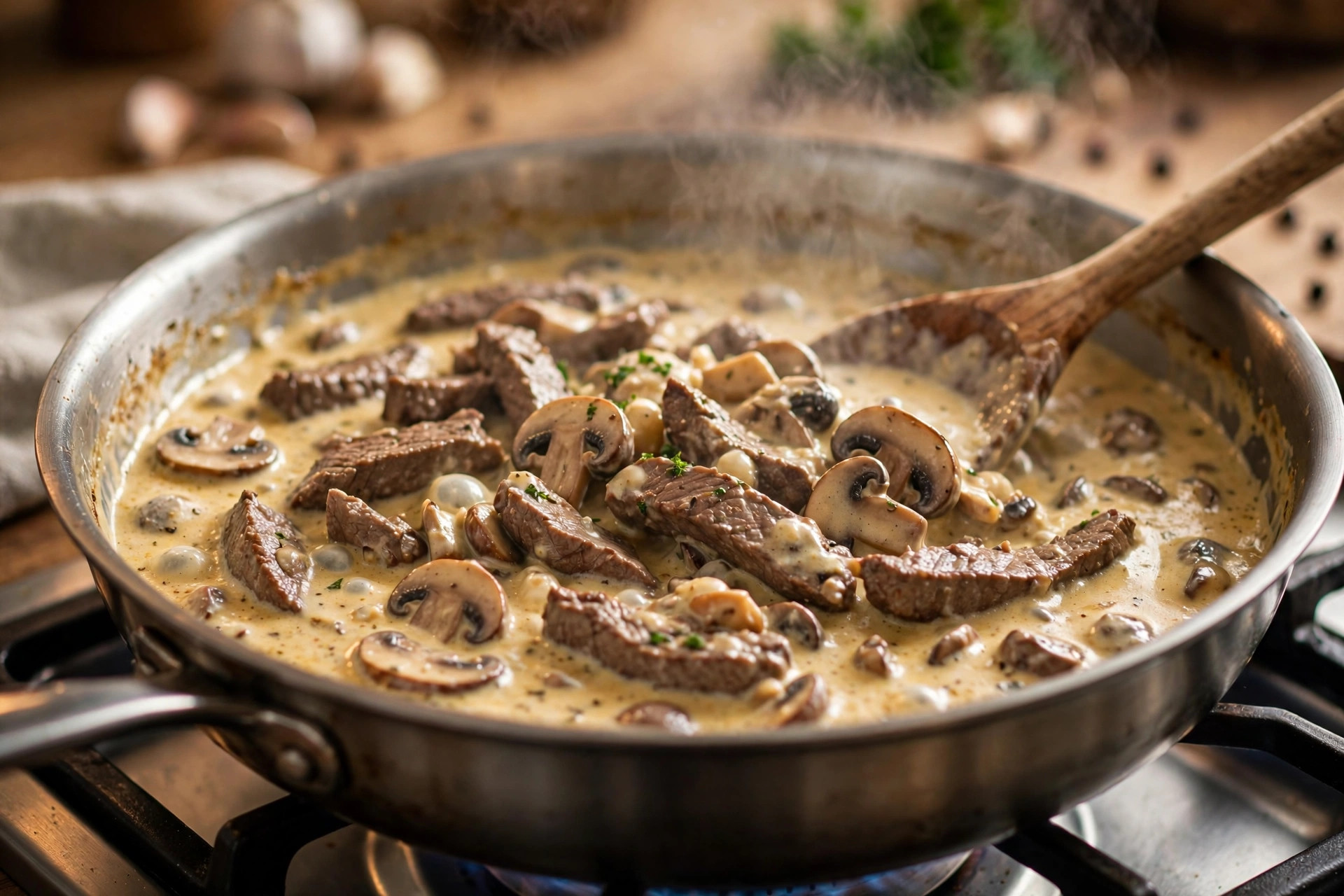 Sliced beef and mushrooms simmering in a creamy stroganoff sauce in a large skillet