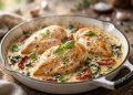 Creamy garlic Tuscan chicken with sun-dried tomatoes and spinach in a cast-iron skillet