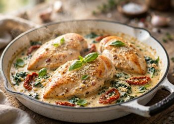 Creamy garlic Tuscan chicken with sun-dried tomatoes and spinach in a cast-iron skillet