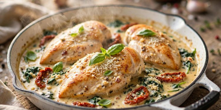 Creamy garlic Tuscan chicken with sun-dried tomatoes and spinach in a cast-iron skillet