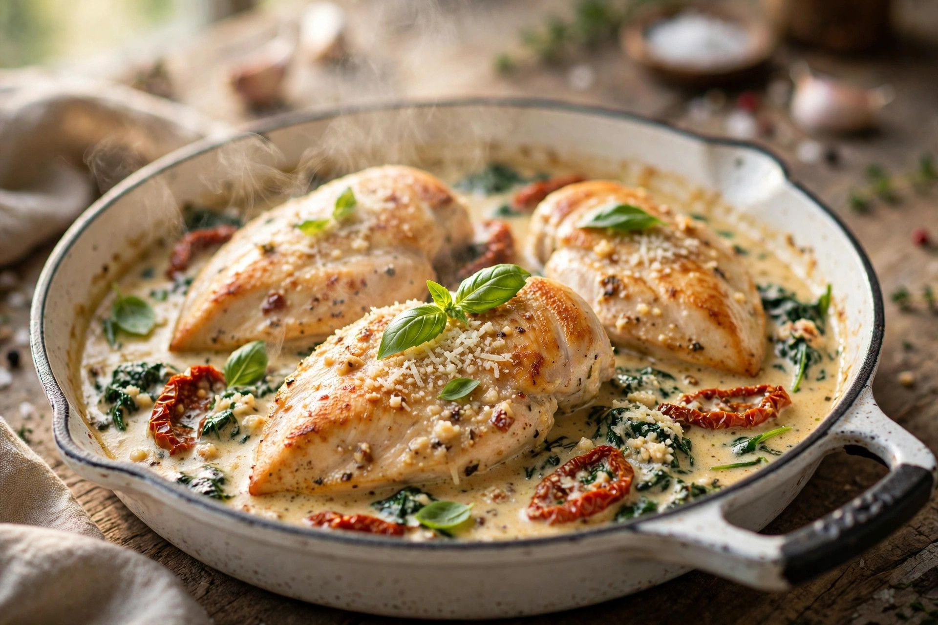 Creamy garlic Tuscan chicken with sun-dried tomatoes and spinach in a cast-iron skillet