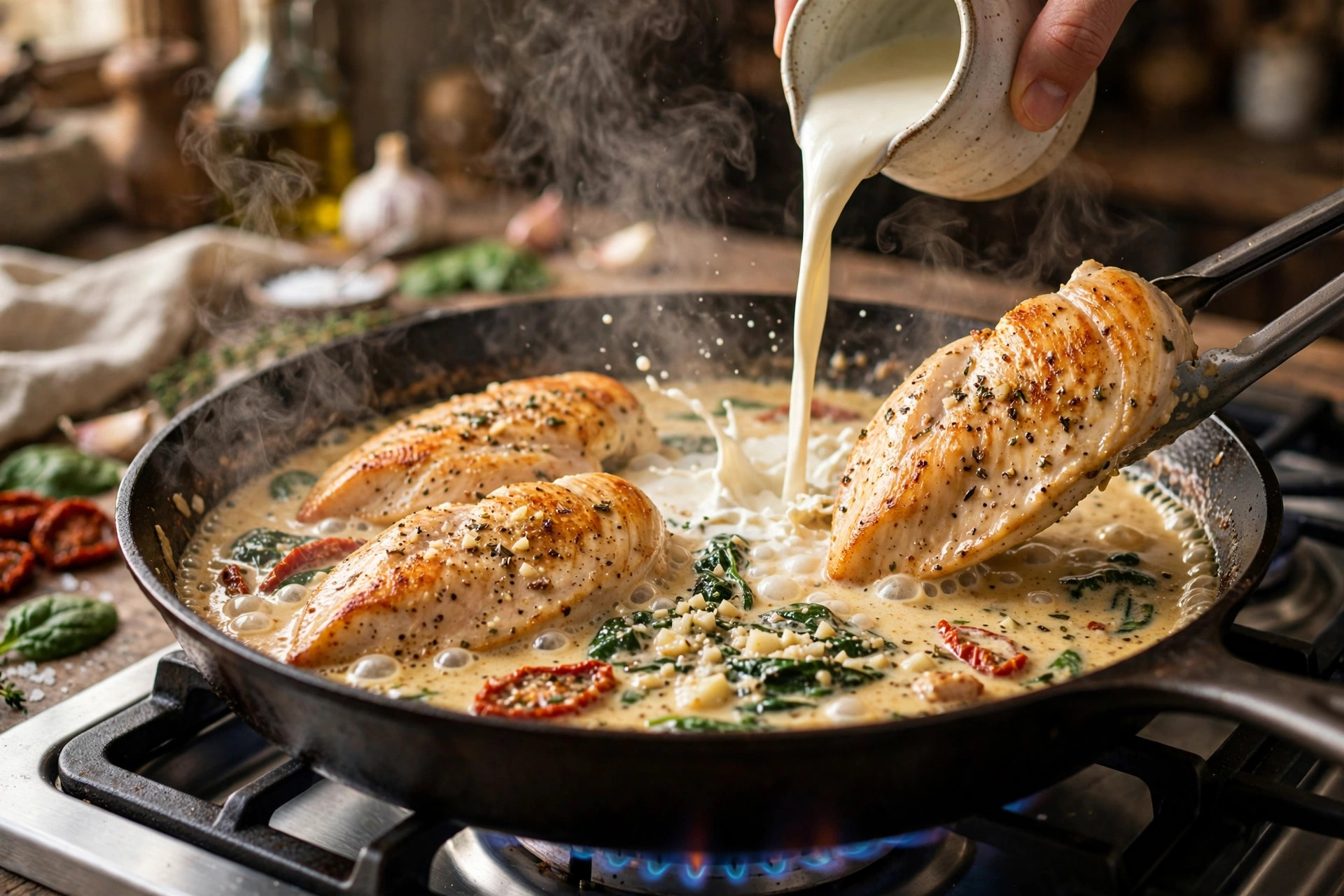 cream being poured into the skillet