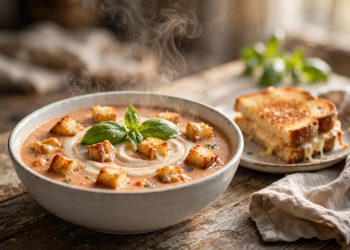 Creamy tomato basil soup in a rustic bowl topped with crispy grilled cheese croutons, fresh basil, and a swirl of cream