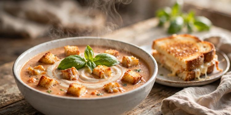 Creamy tomato basil soup in a rustic bowl topped with crispy grilled cheese croutons, fresh basil, and a swirl of cream