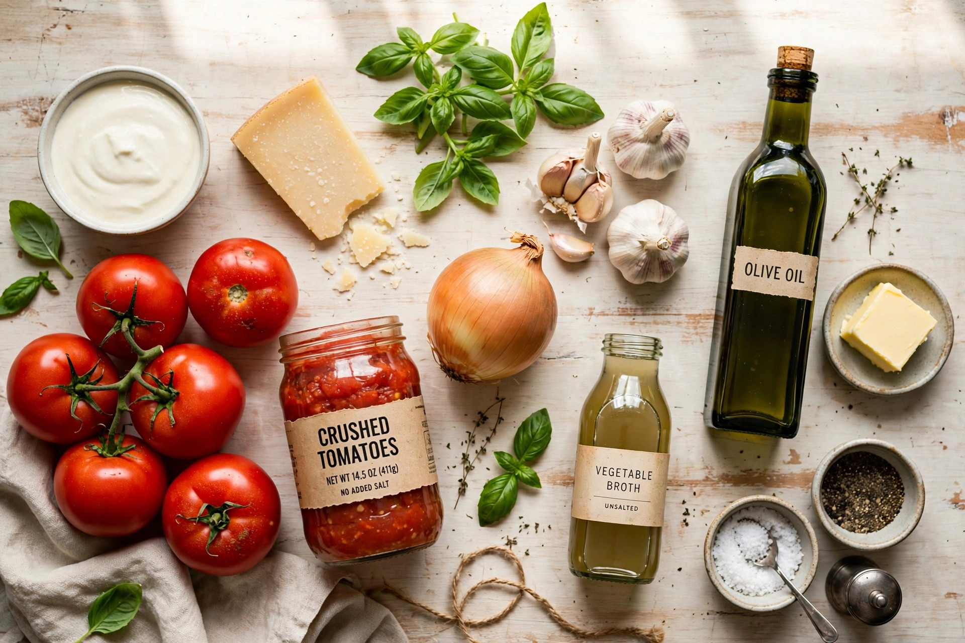 ingredients flat lay for tomato basil soup