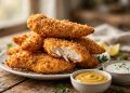 Golden crispy air fryer chicken tenders stacked on a plate with dipping sauces