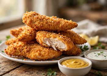 Golden crispy air fryer chicken tenders stacked on a plate with dipping sauces