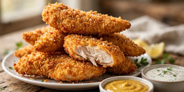 Golden crispy air fryer chicken tenders stacked on a plate with dipping sauces