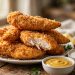 Golden crispy air fryer chicken tenders stacked on a plate with dipping sauces