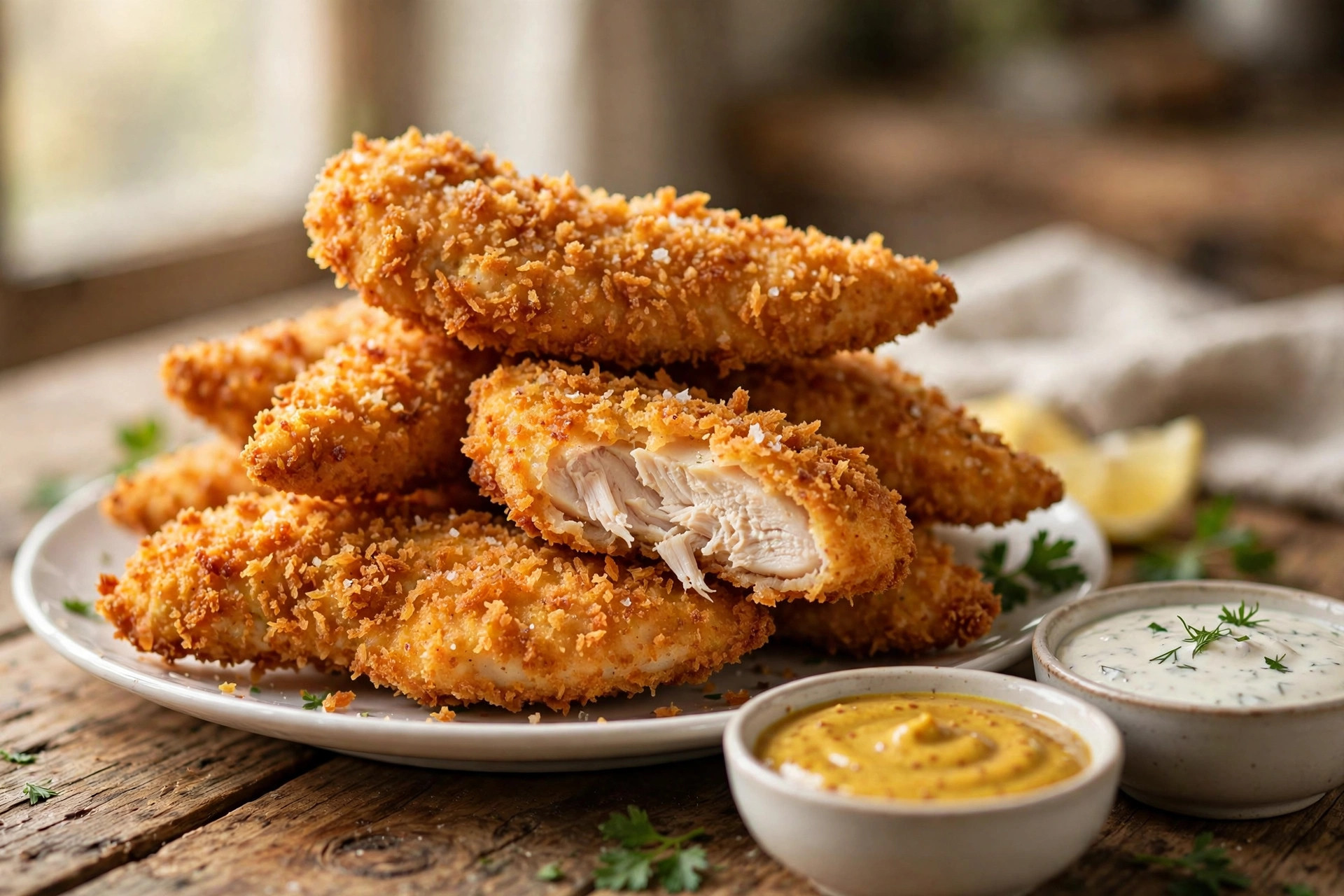 Golden crispy air fryer chicken tenders stacked on a plate with dipping sauces