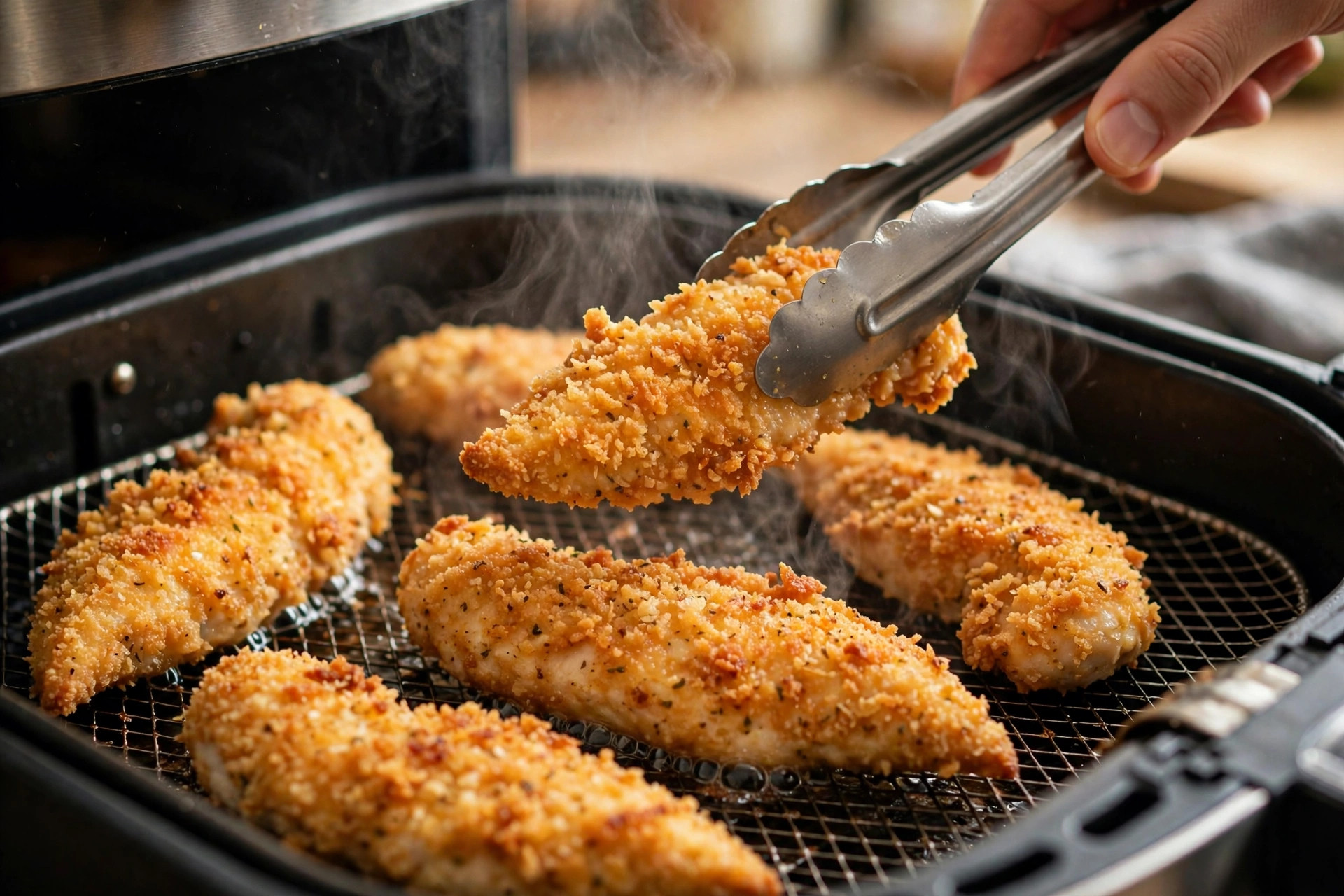 tenders cooking in the air fryer basket