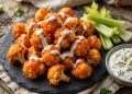 Crispy baked buffalo cauliflower bites glazed with buffalo sauce, drizzled with ranch, with celery and blue cheese dip