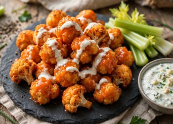 Crispy baked buffalo cauliflower bites glazed with buffalo sauce, drizzled with ranch, with celery and blue cheese dip