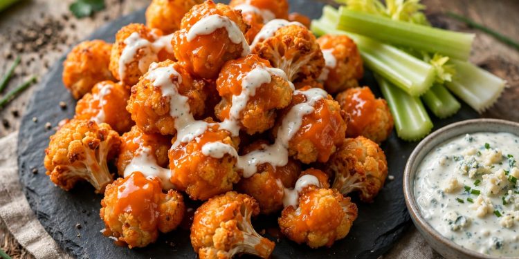 Crispy baked buffalo cauliflower bites glazed with buffalo sauce, drizzled with ranch, with celery and blue cheese dip
