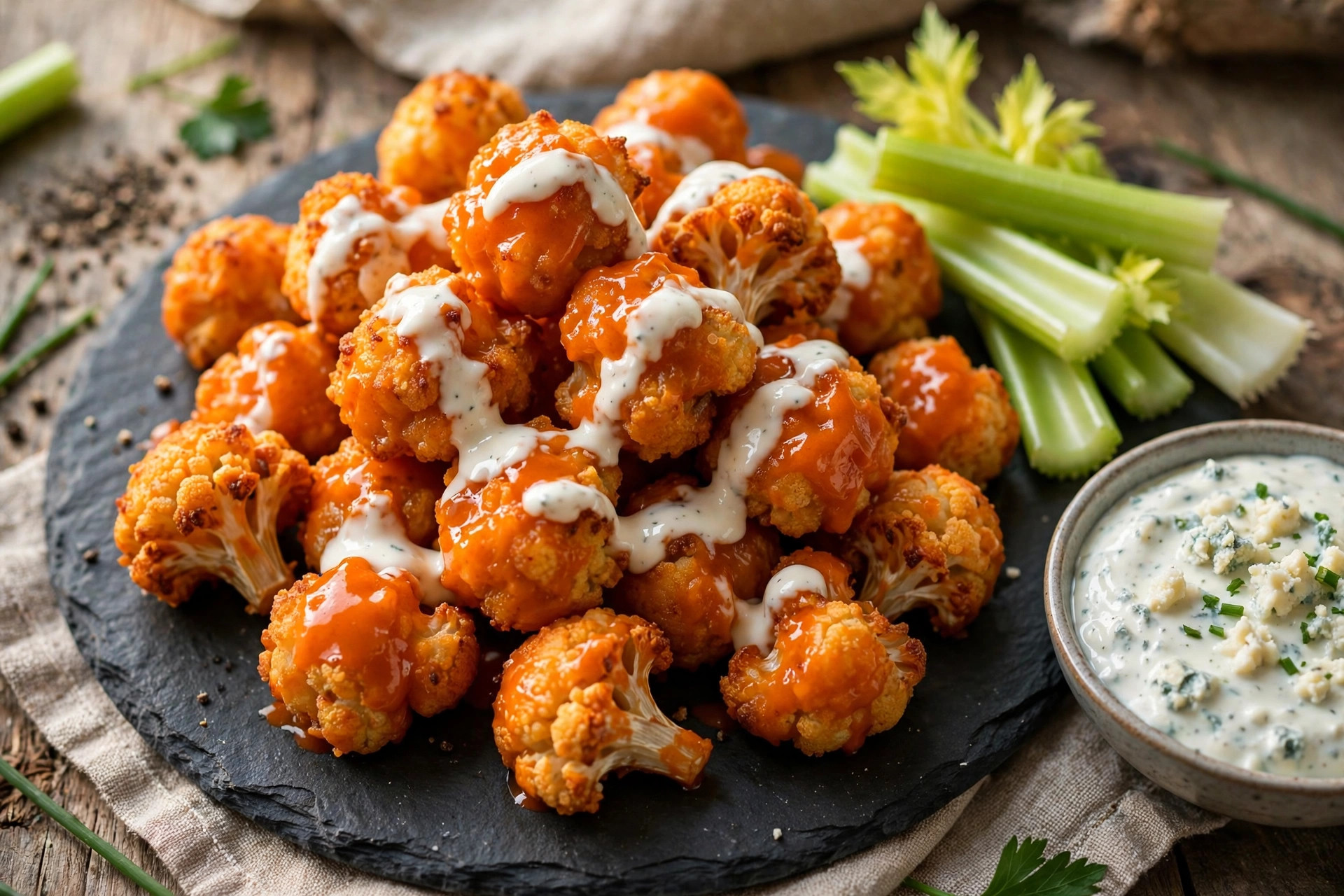 Crispy baked buffalo cauliflower bites glazed with buffalo sauce, drizzled with ranch, with celery and blue cheese dip