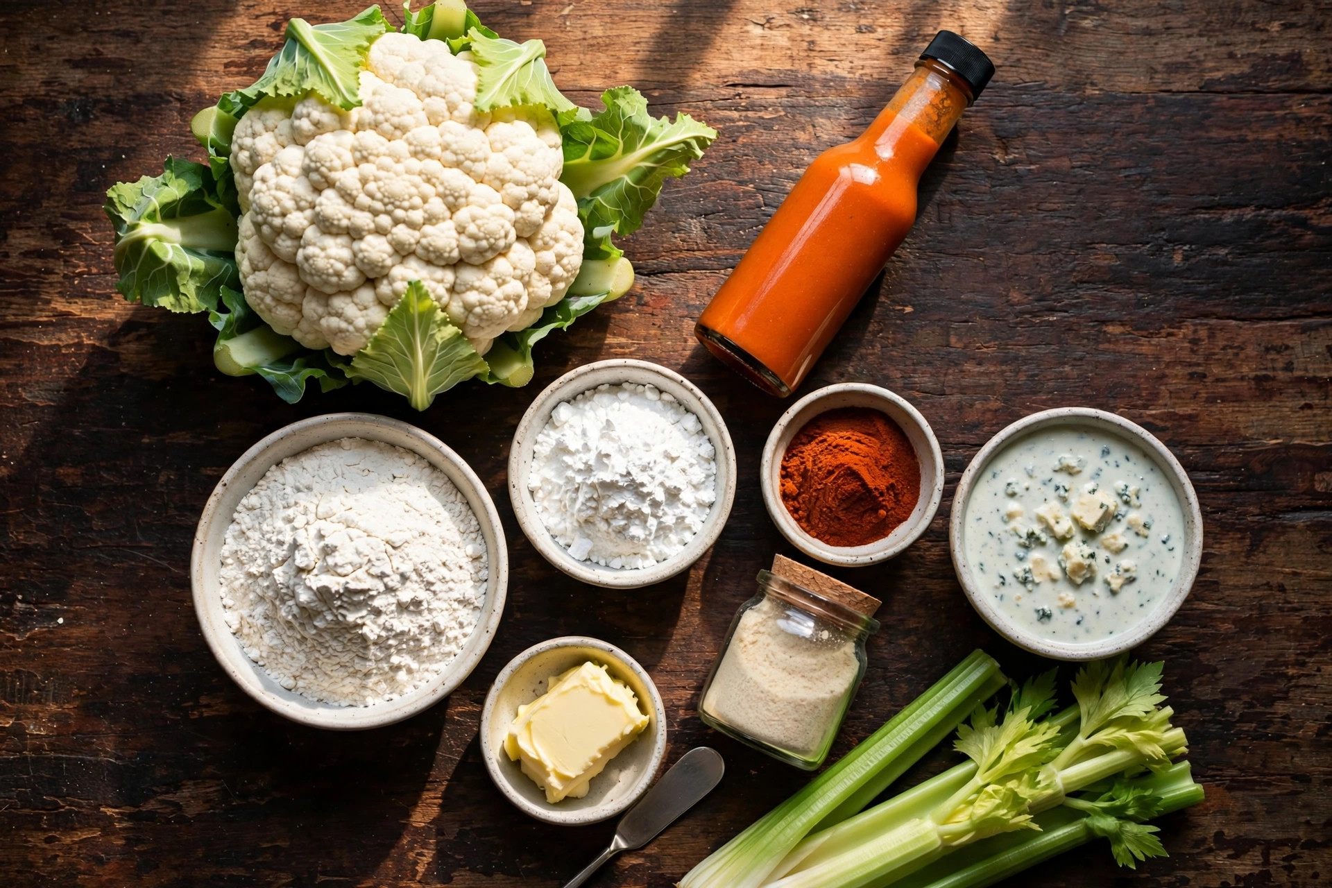 Flat lay of buffalo cauliflower ingredients on a rustic dark wooden surface