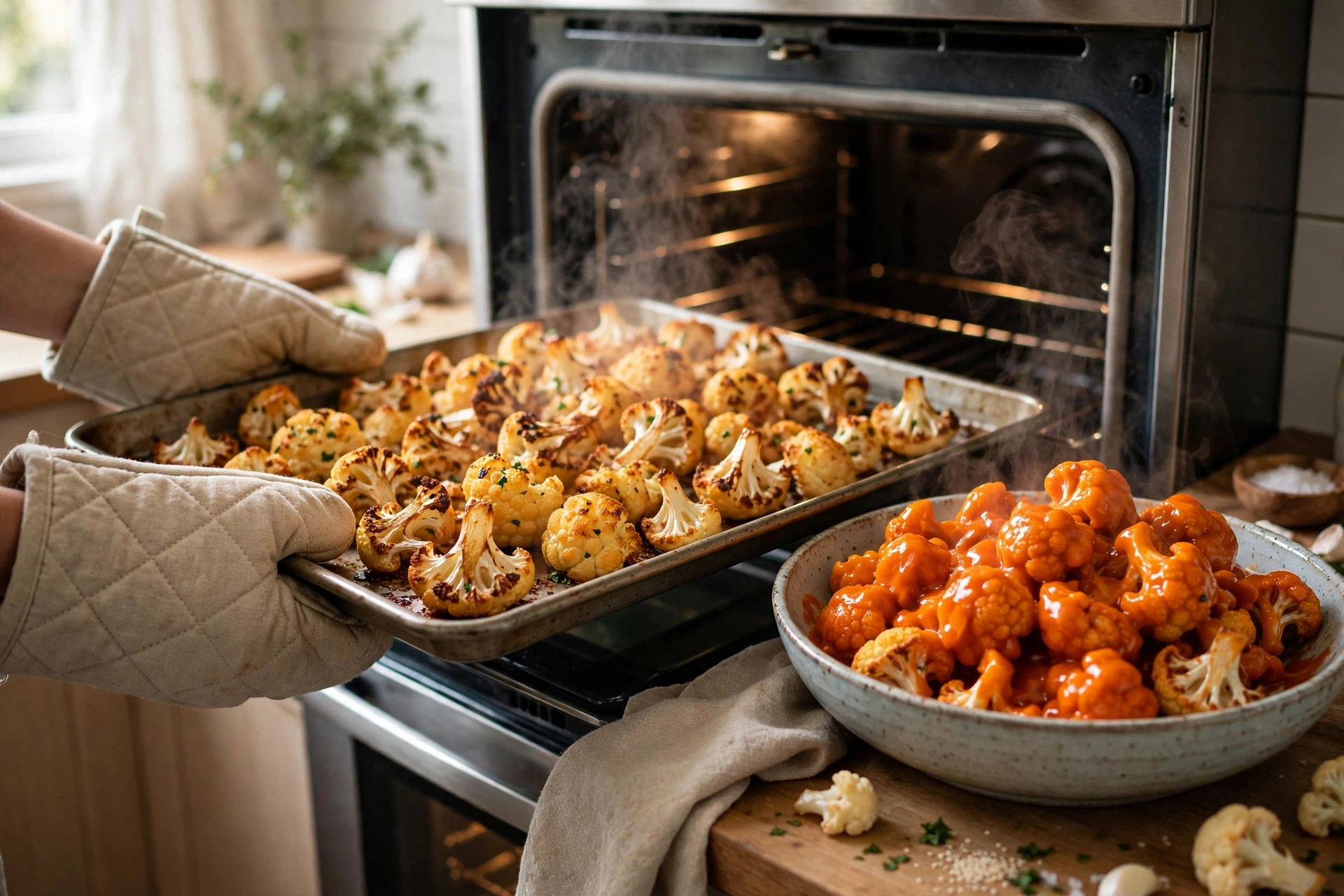 Golden baked cauliflower florets being pulled from the oven on a baking sheet