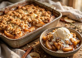 Homemade apple crisp with vanilla ice cream in a rustic baking dish