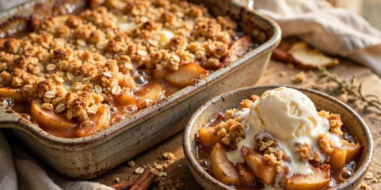 Homemade apple crisp with vanilla ice cream in a rustic baking dish