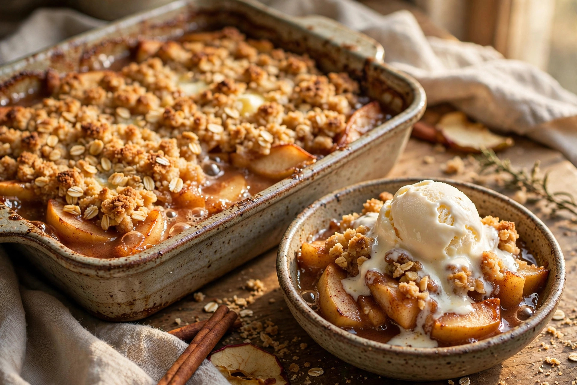 Homemade apple crisp with vanilla ice cream in a rustic baking dish