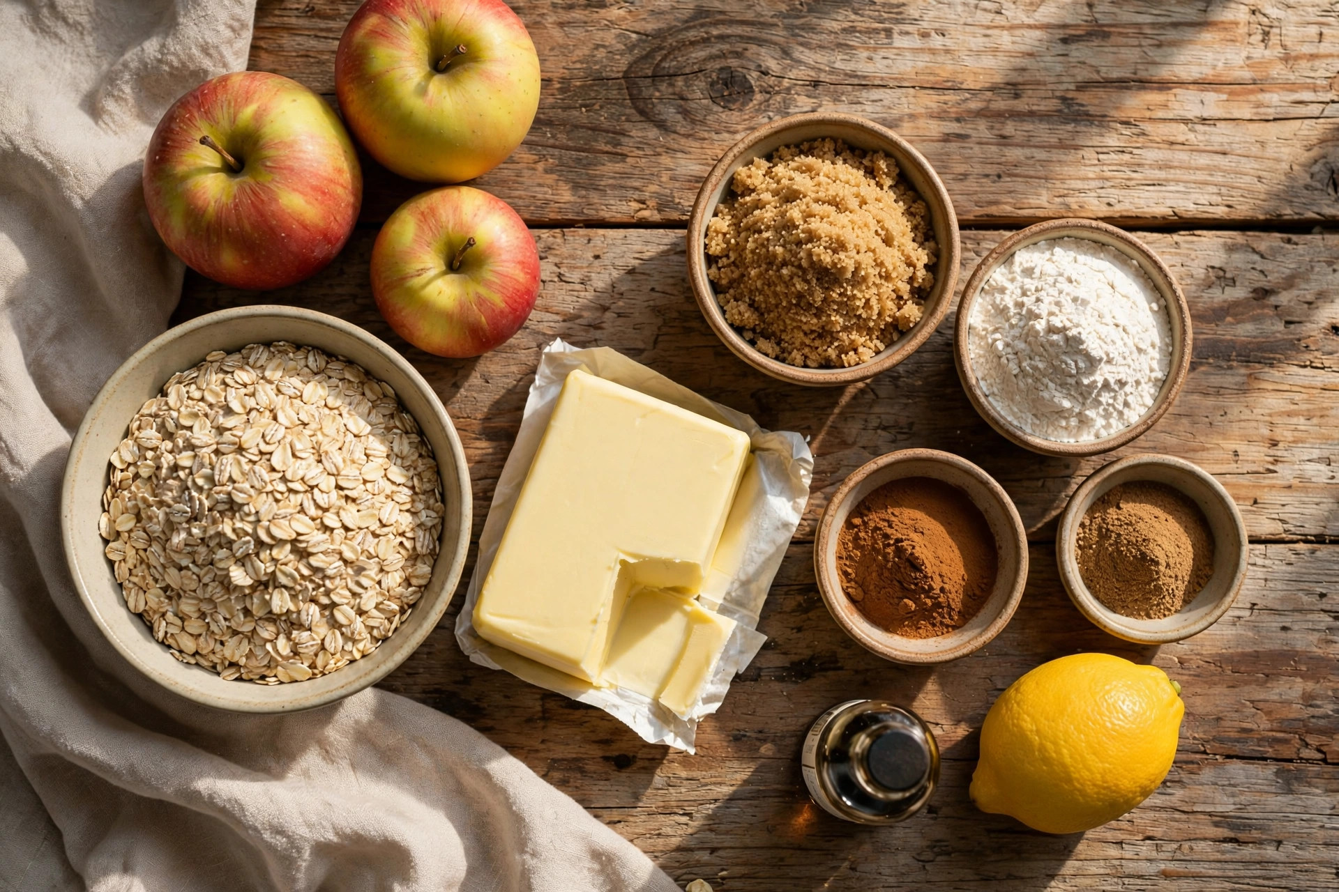 Apples, oats, butter, and spices for homemade apple crisp